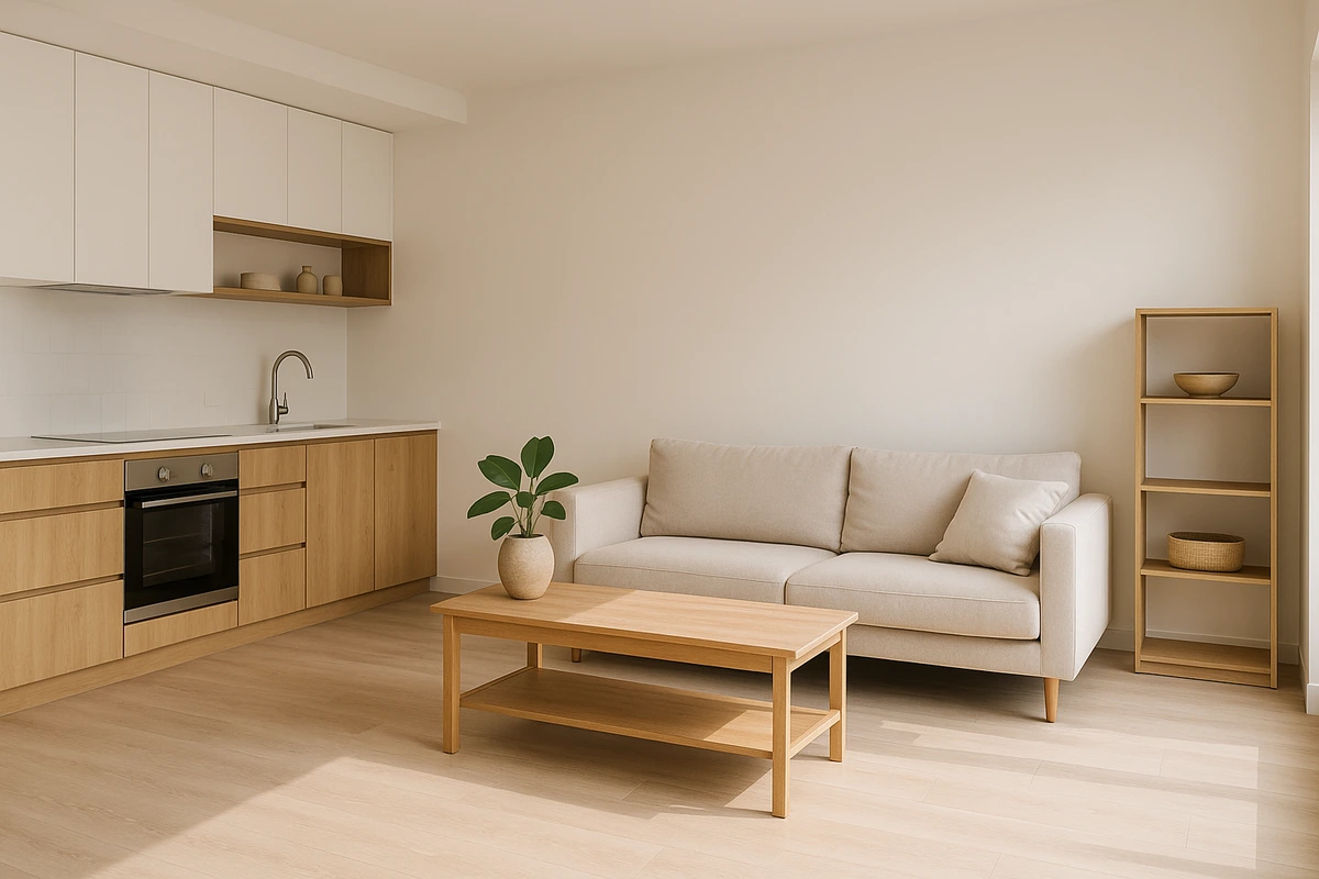 Contoh desain rumah hasil renovasi fungsional dengan ruang tamu dan dapur terbuka