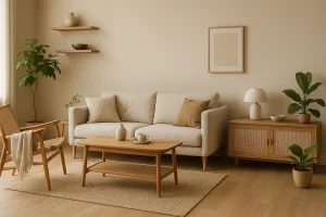 Desain interior rumah Japandi dengan kombinasi elemen kayu alami, warna netral, dan pencahayaan alami yang lembut.