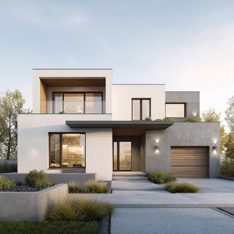 Rumah minimalis modern bentuk kubus satu lantai dengan fasad putih dan aksen kayu.