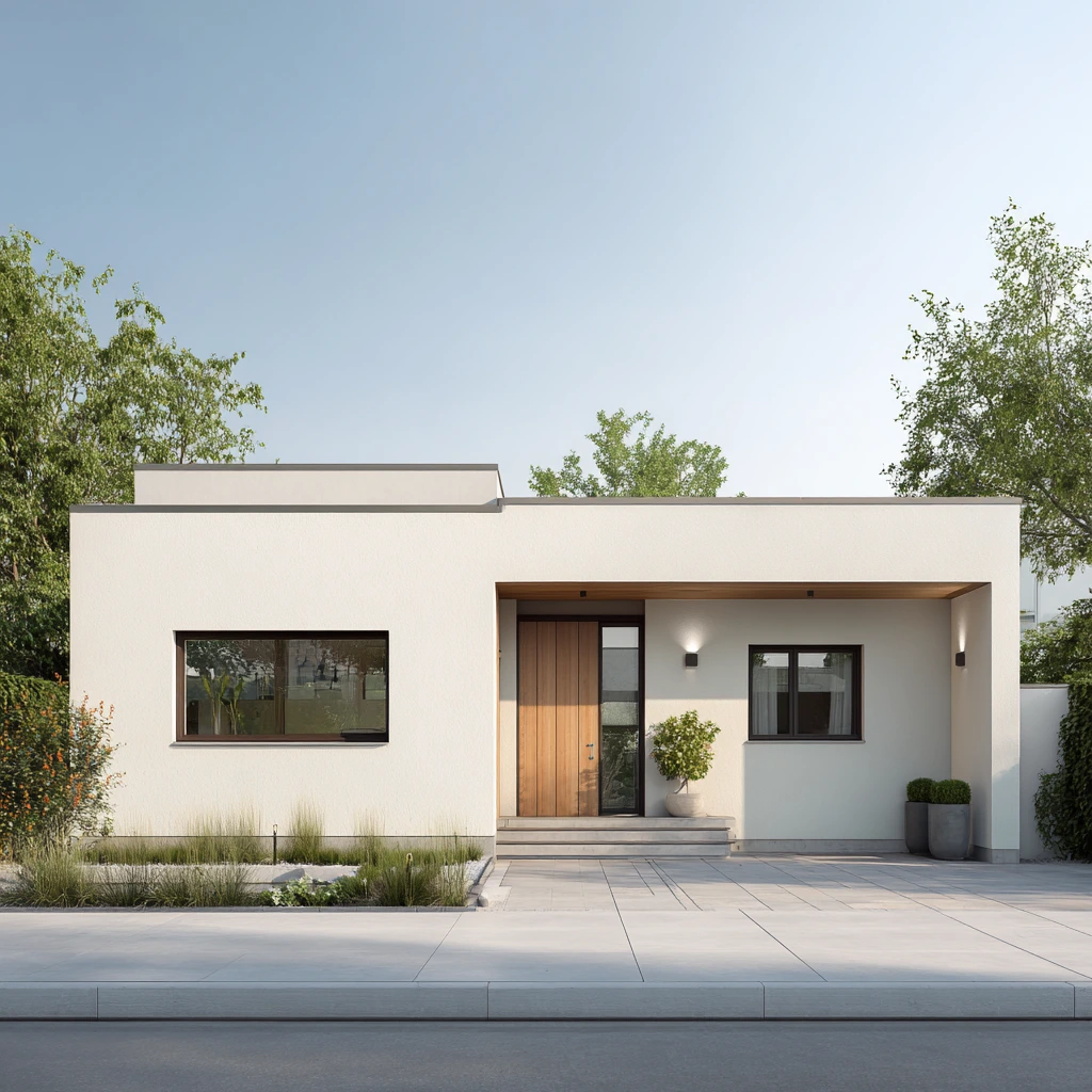 Rumah minimalis modern bertingkat dengan kombinasi beton ekspos, fasad putih, dan balkon terbuka.