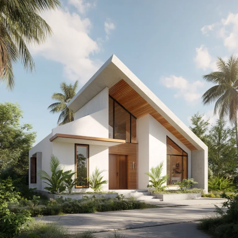 Rumah minimalis tropis modern dengan atap miring asimetris dan sentuhan kayu pada fasad.