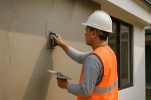 Tukang bangunan sedang mengaci dinding rumah dengan roskam, di luar ruangan saat siang hari.