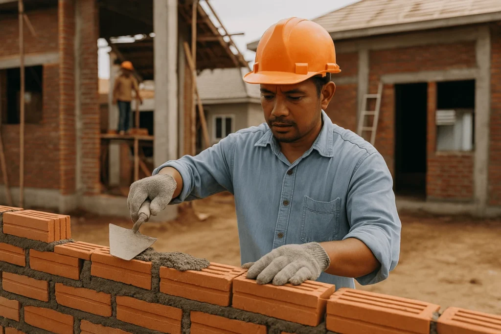 tukang sedang melakukan proses instalasi bata merah