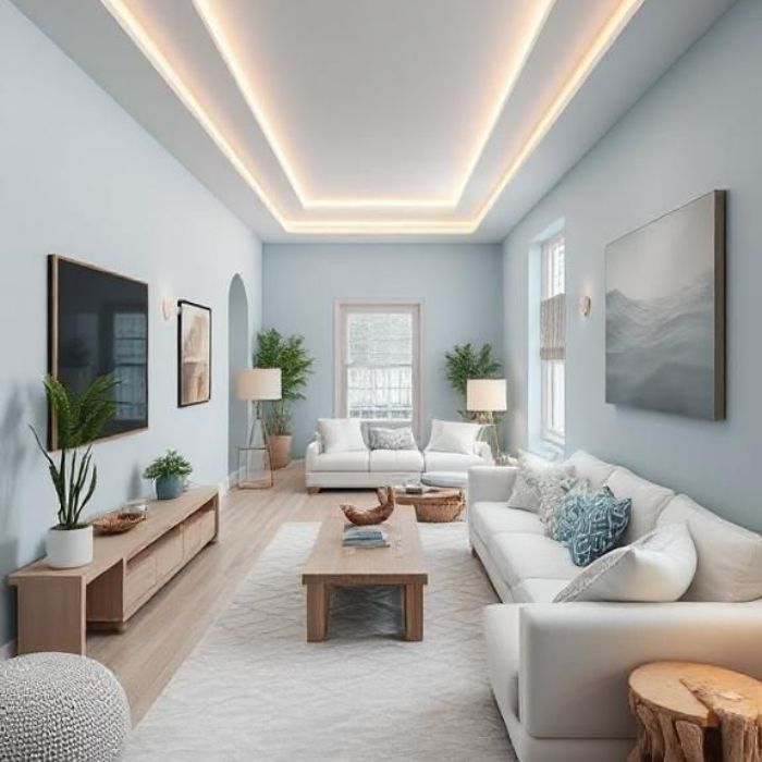 desain ruang tamu dengan warna biru pastel