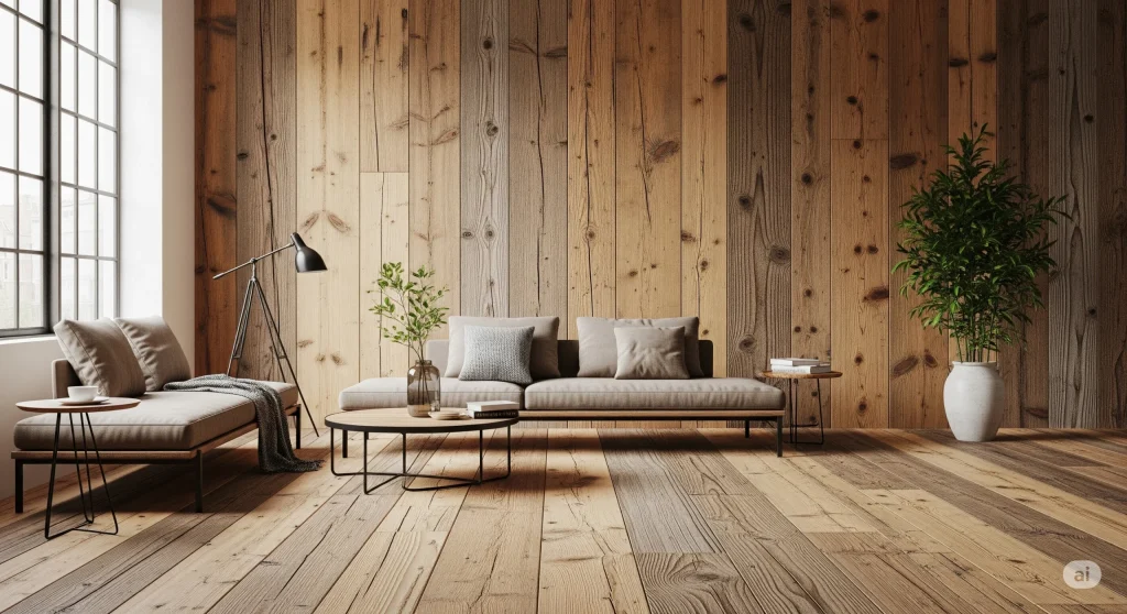 Lantai atau panel dinding dari kayu daur ulang dengan tekstur dan warna alami