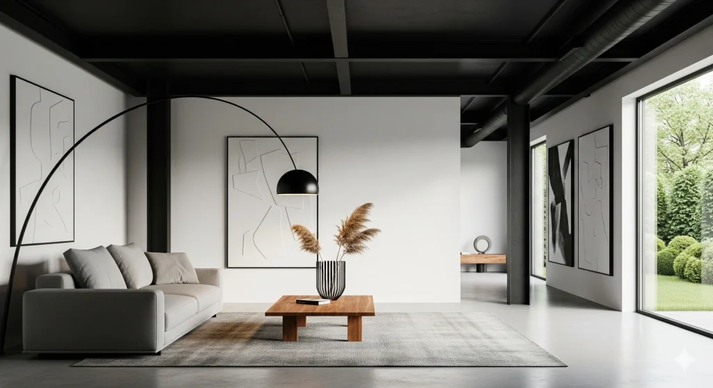 Plafon hitam matte minimalis kontras dengan interior putih