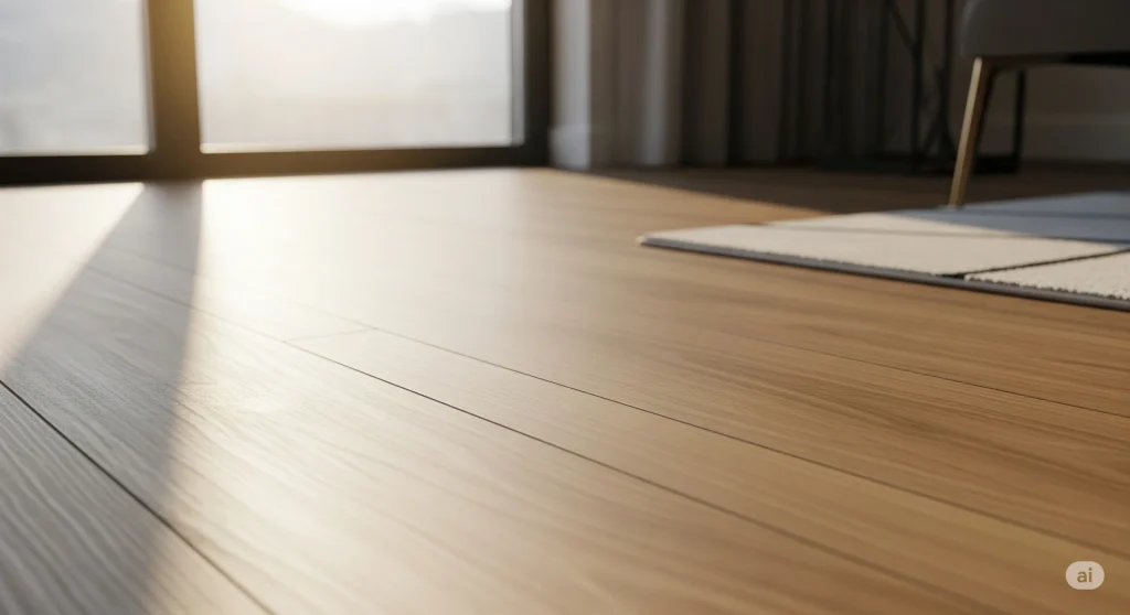 Close-up lantai kayu atau vinyl premium dengan finishing halus dan cahaya alami