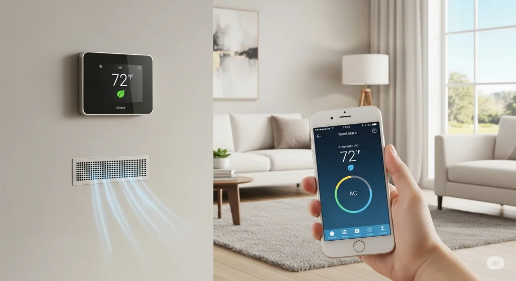 Smart thermostat dan AC otomatis di rumah modern dengan kontrol aplikasi