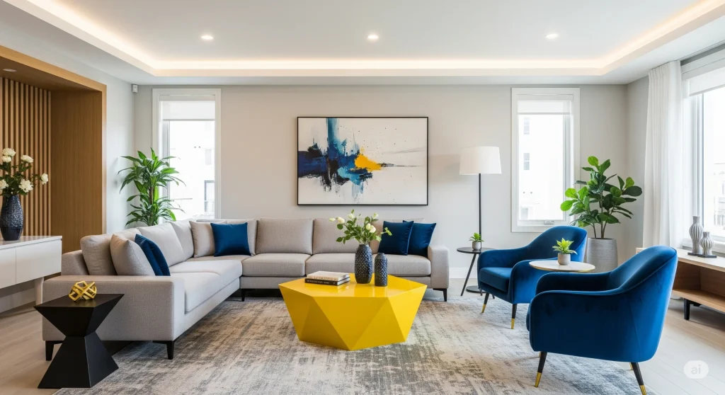 Ruang tamu modern dengan warna netral dan aksen bold pada sofa atau karpet