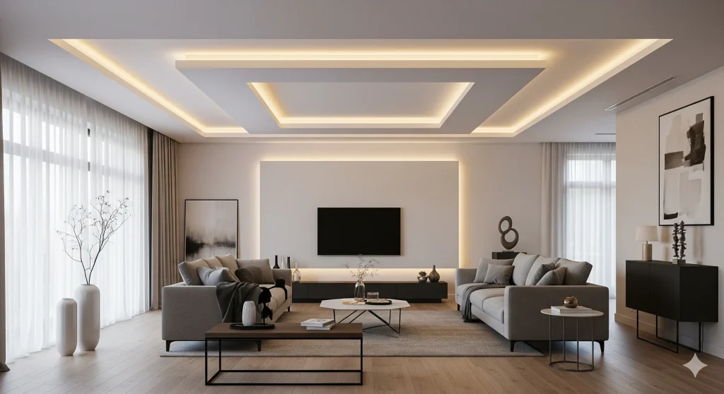 Plafon gypsum modern dengan hidden lamp untuk ruang tamu elegan
