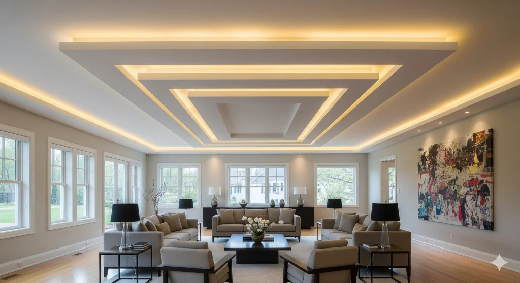 Plafon bertingkat modern dengan lampu LED tersembunyi