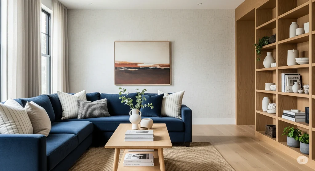 Interior modern dengan tekstur linen, velvet, dan kayu untuk memperkaya visual ruang