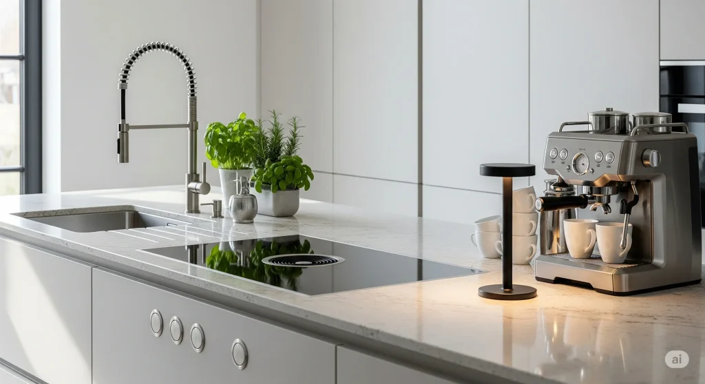 Countertop dapur granit atau quartz dengan permukaan halus, modern dan fungsional