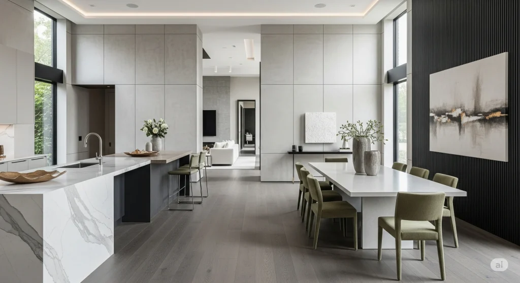 Interior rumah modern dengan lantai kayu, dinding tekstur, dan countertop premium