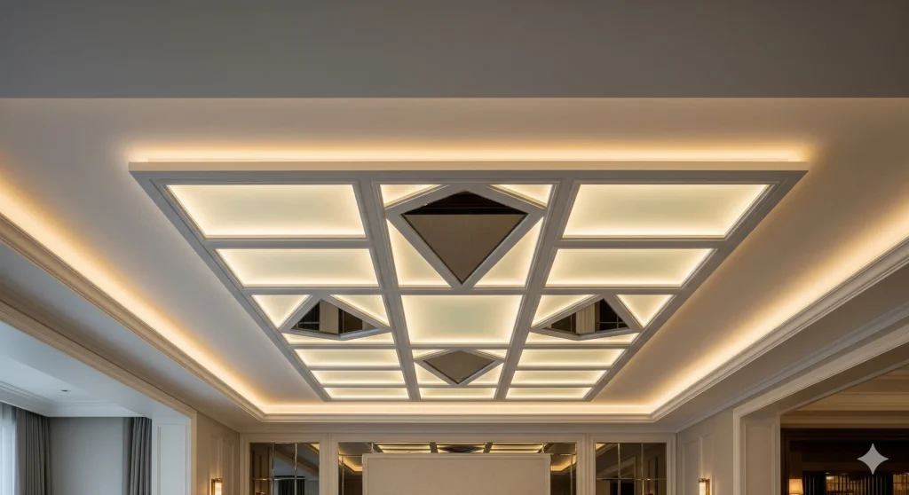 Plafon ruang tamu dengan panel kaca buram dan lampu LED