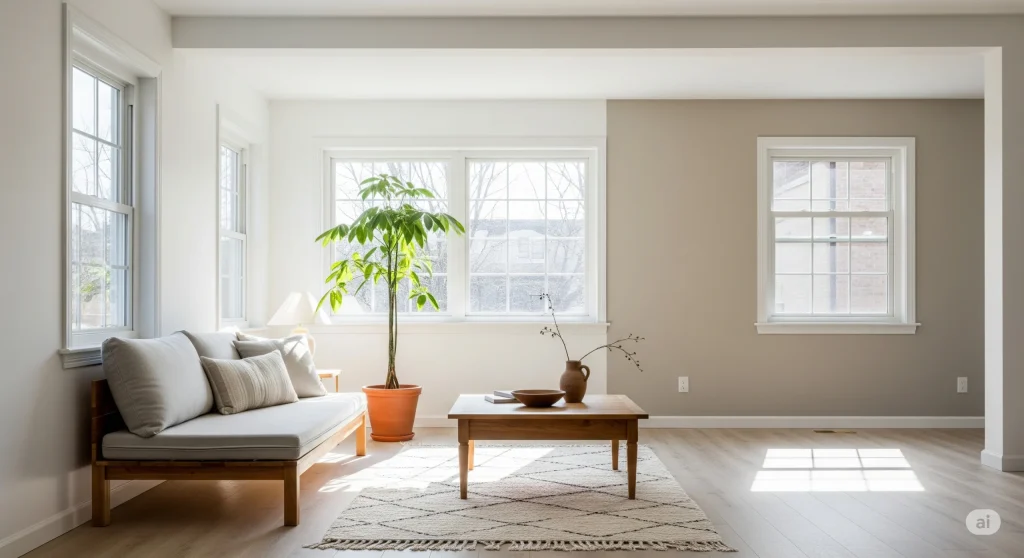 Ruang modern dengan dinding dan furniture berwarna netral, lapang dan terang