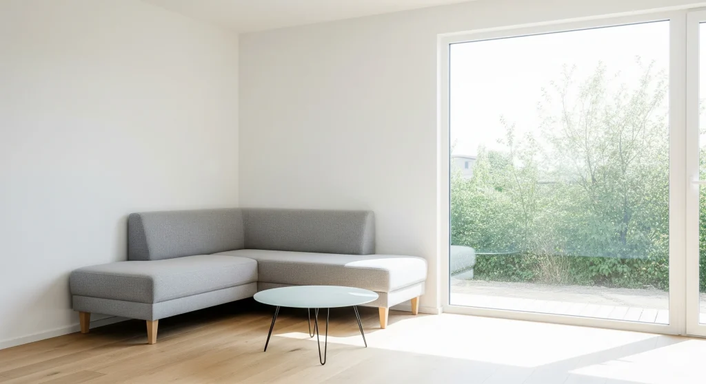 Ruang tamu rumah type 45 dengan sofa L-shape mini warna abu-abu