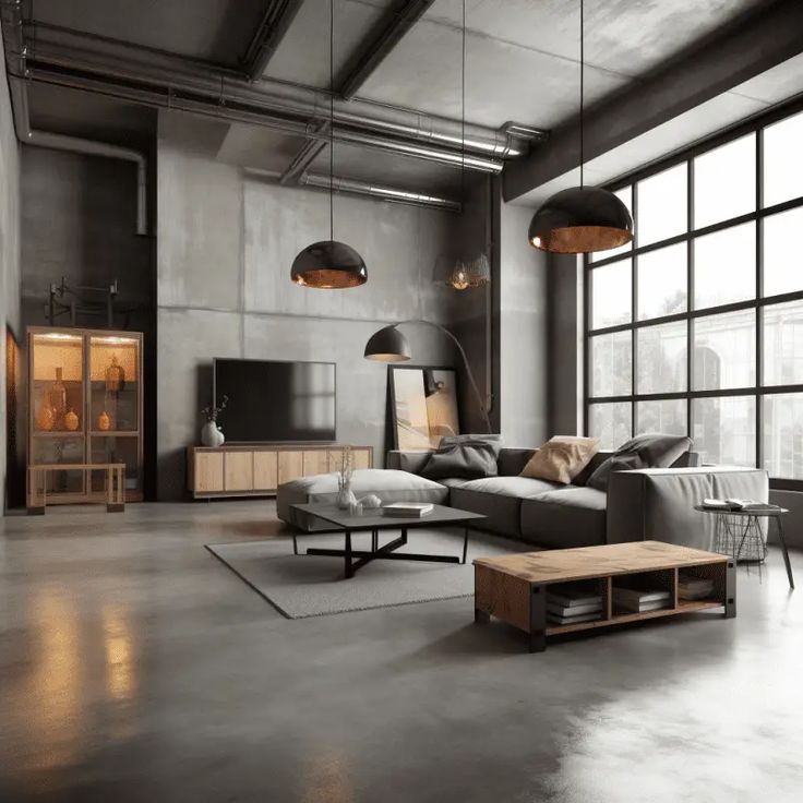 desain interior rumah industrial dengan jendela besar dan pencahayaan alami maksimal