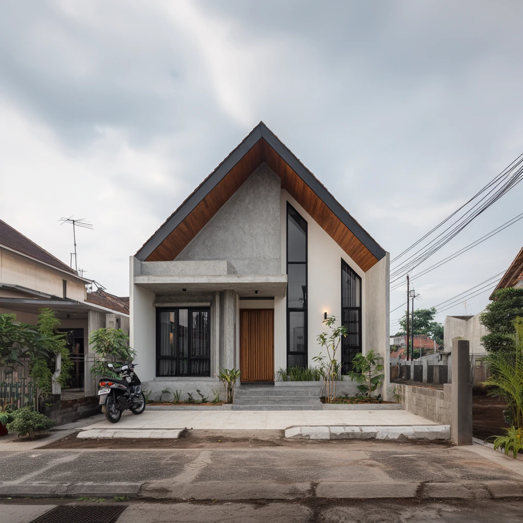 Rumah minimalis modern dengan atap pelana, fasad beton ekspos, dan pintu kayu.