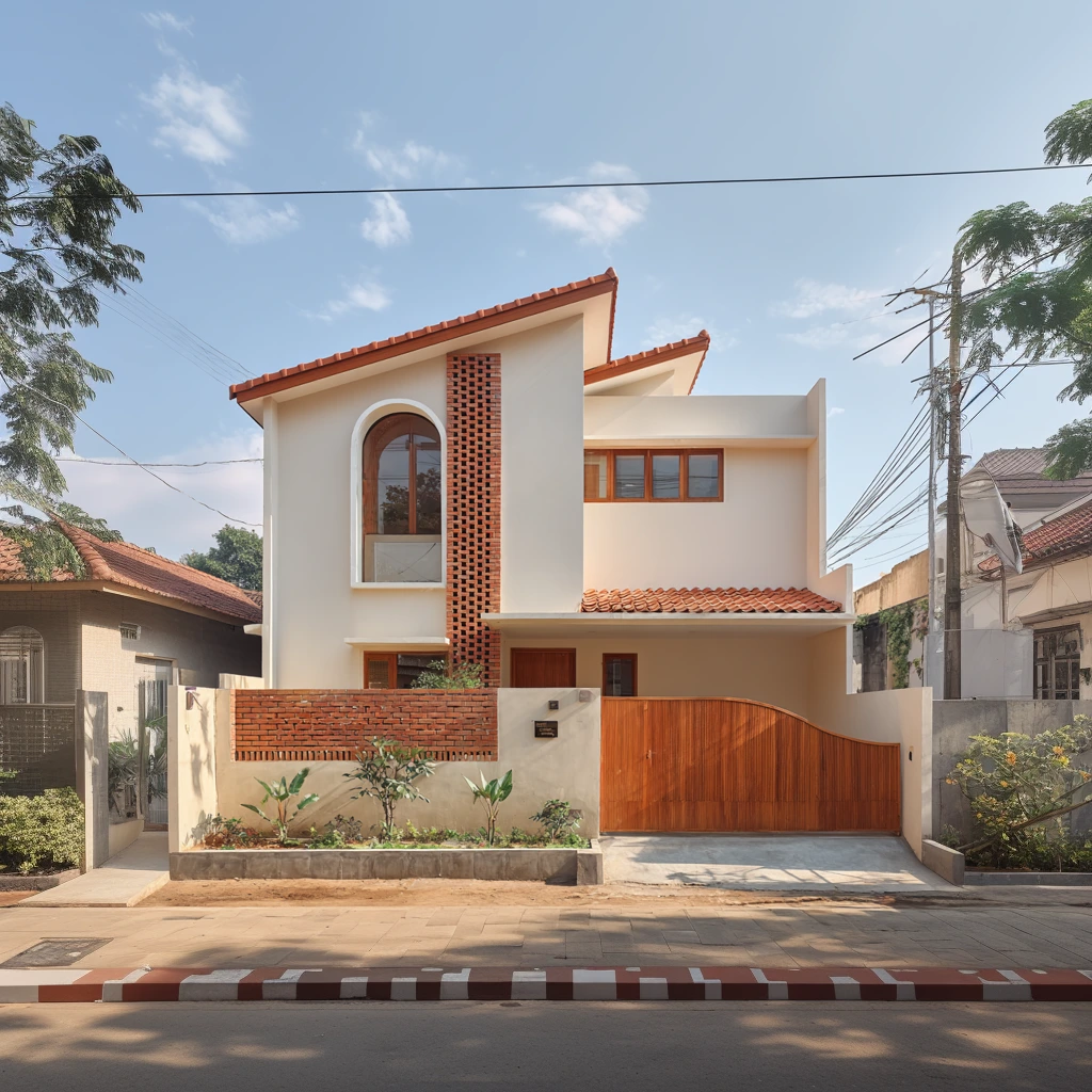 Inspirasi Rumah Minimalis Modern dengan Bata Ekspos dan Gerbang Kayu Melengkung Rumah minimalis modern dua lantai dengan fasad bata ekspos vertikal, gerbang kayu melengkung, dan atap miring.