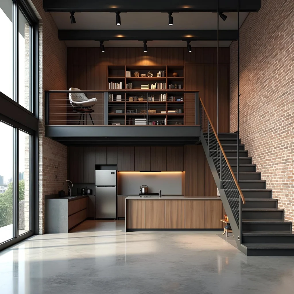penerapan konsep mezzanine pada ruangan dengan konsep industrial modern dinding bata ekspos