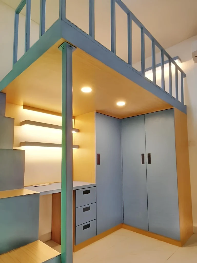 penerapan konsep mezzanine pada tempat tidur dan storage