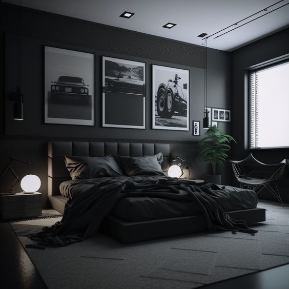 kamar tidur hitam monokrom dramatis