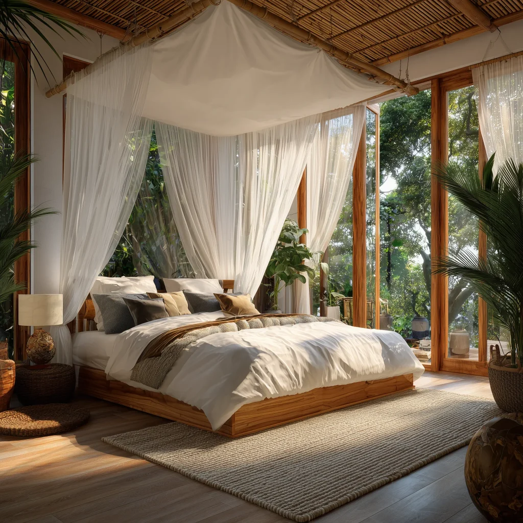Kamar tidur villa tropis modern dengan jendela besar dan balkon menghadap taman.
