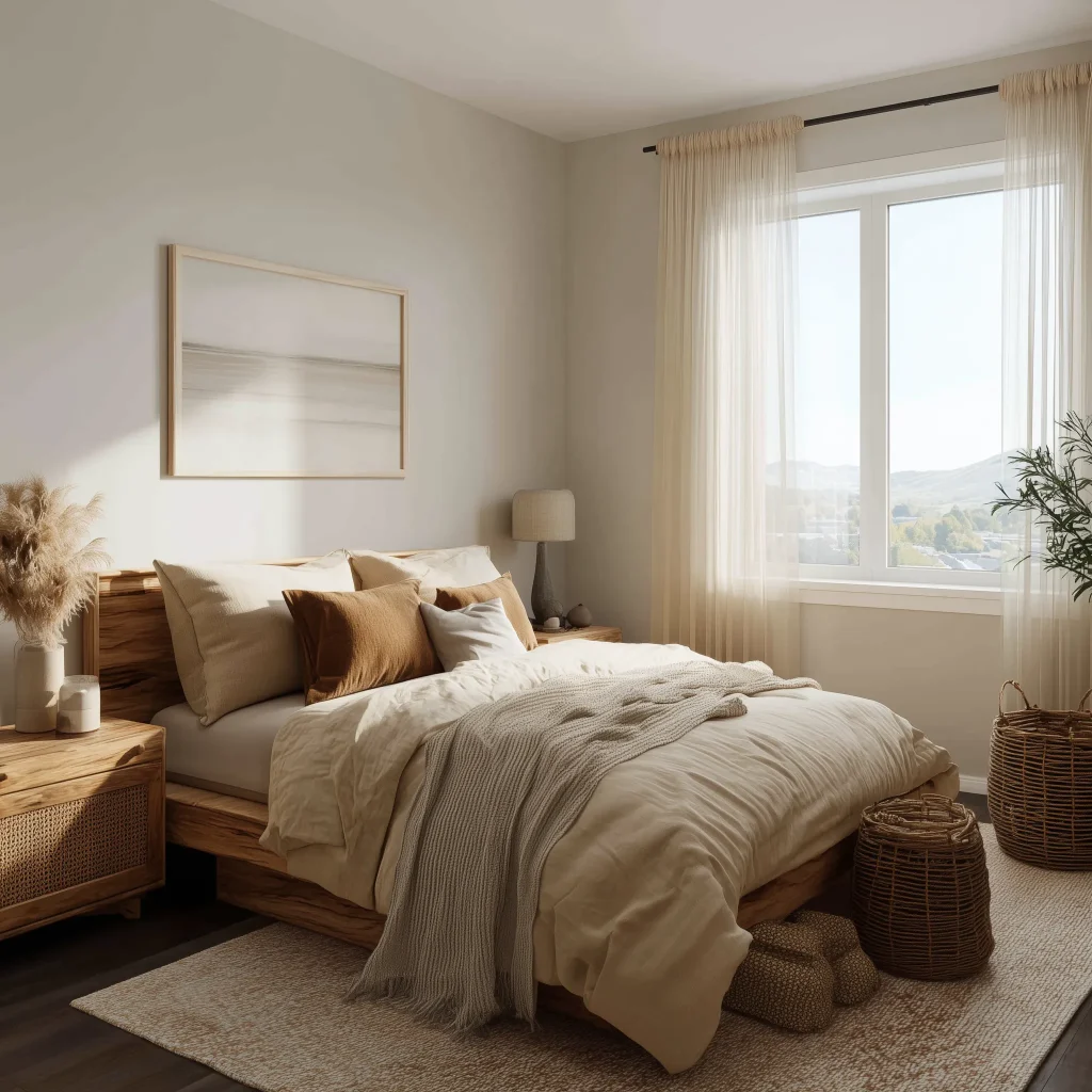 Kamar tidur Japandi yang terang dan lapang dengan dinding putih dan lantai kayu. Ranjang kayu dengan seprai putih krem diletakkan di dekat jendela besar yang menawarkan pemandangan danau dan pepohonan yang menenangkan.