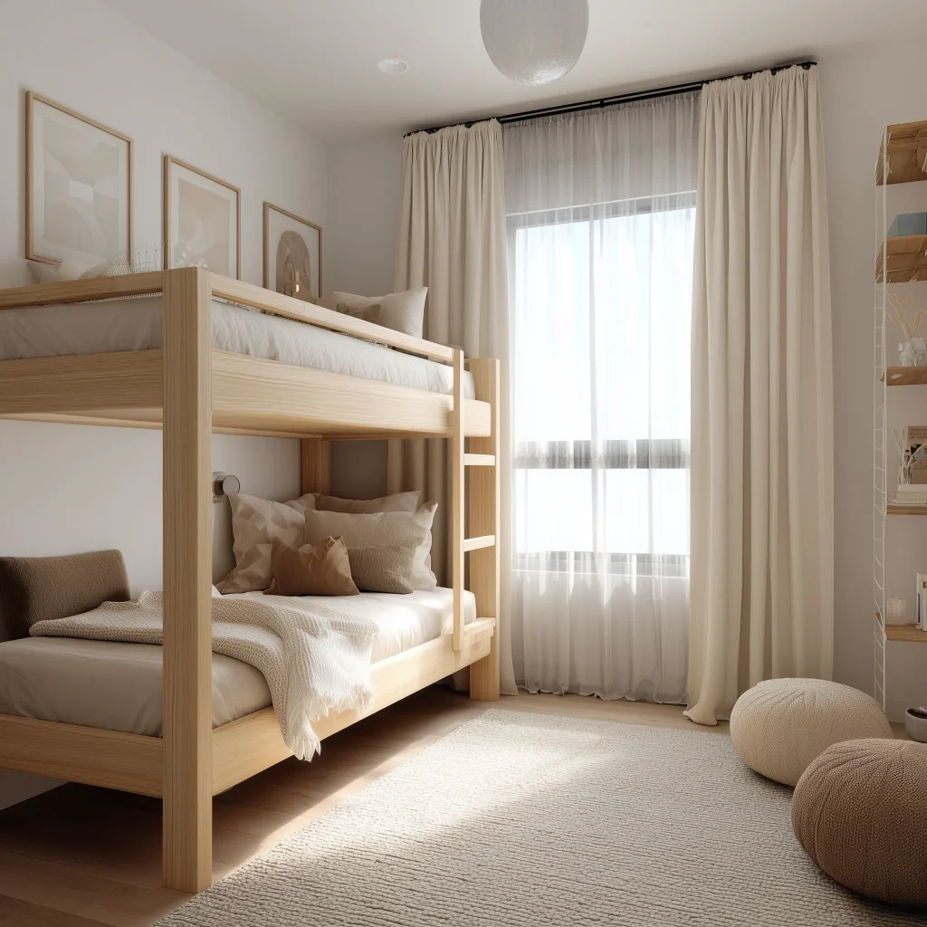 Interior kamar anak 3x3 meter Japandi minimalist dengan bunk bed kayu oak terang, wall art netral, tirai sheer, dan ottoman rajut