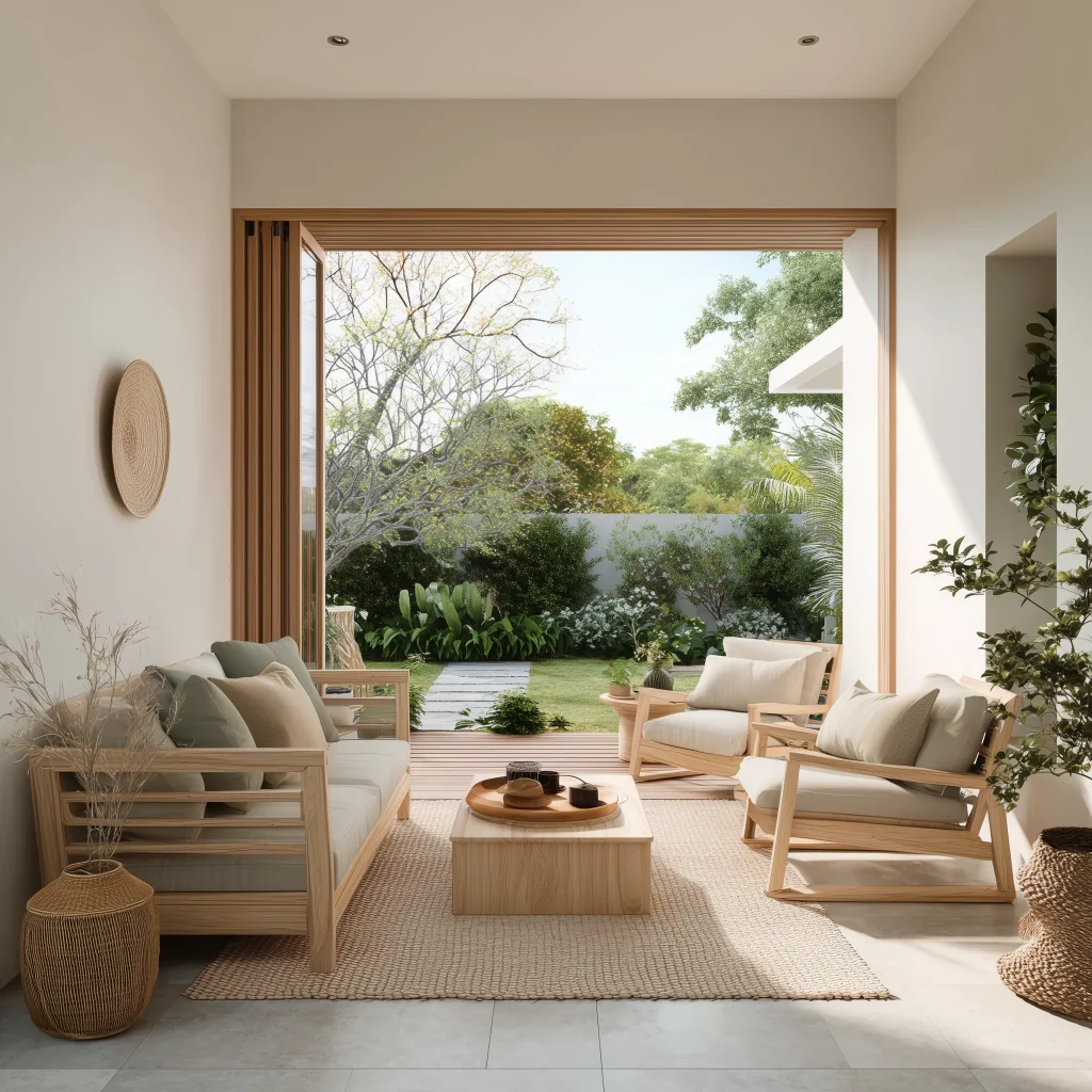 Ruang keluarga semi outdoor Japandi minimalis dengan frame kayu natural, furnitur kayu terang bernuansa beige, dan koneksi langsung ke taman hijau