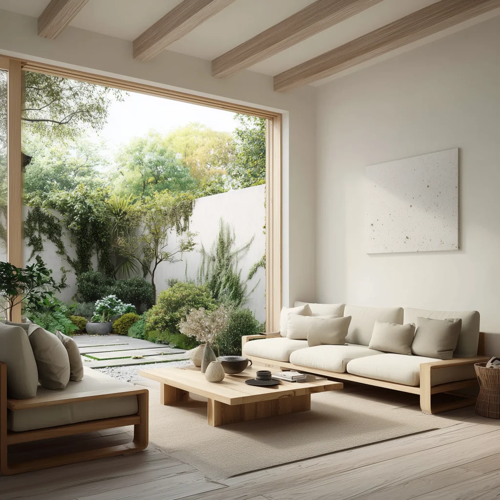 Interior ruang keluarga semi outdoor Japandi dengan eksposed beam kayu, jendela besar, sofa kayu minimal, dan taman zen bergaya Jepang