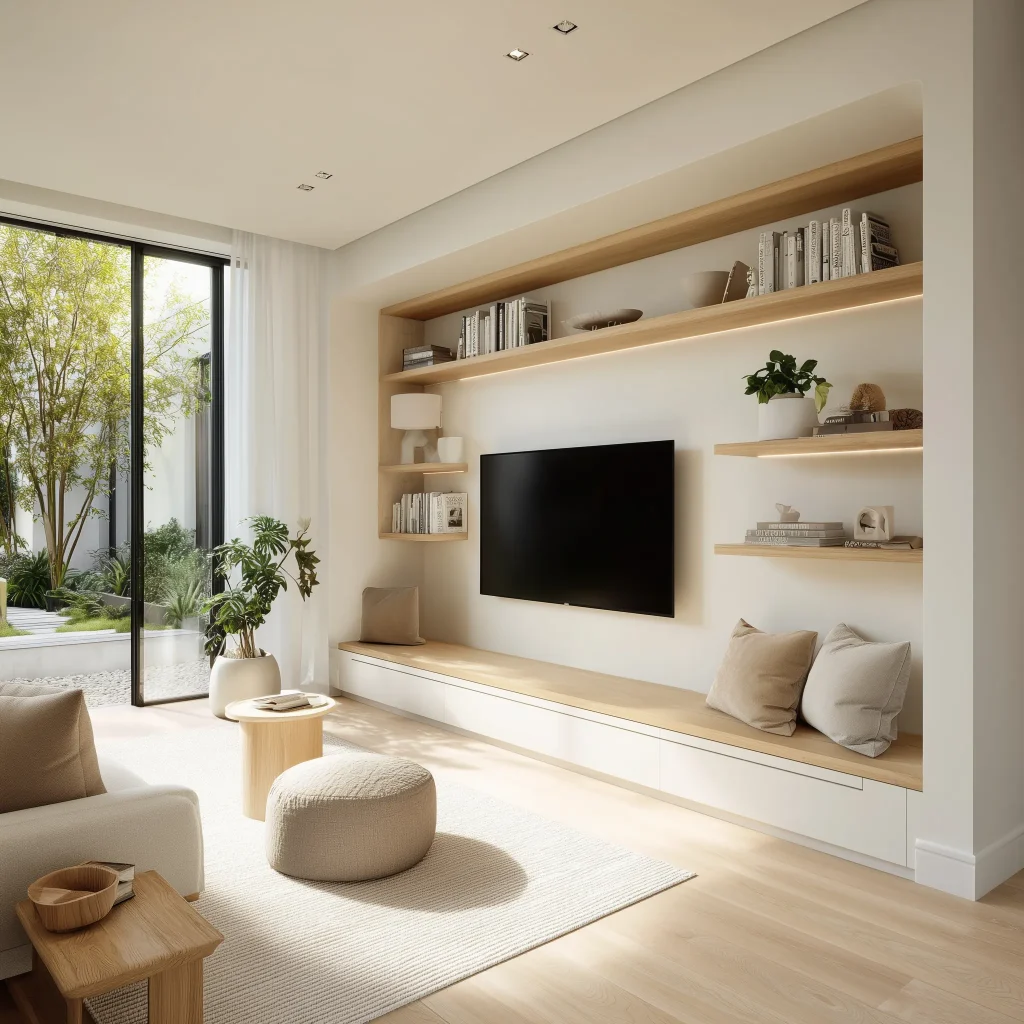 Interior ruang TV minimalis modern dengan floating shelves kayu oak asimetris, sofa putih, dan pencahayaan tersembunyi