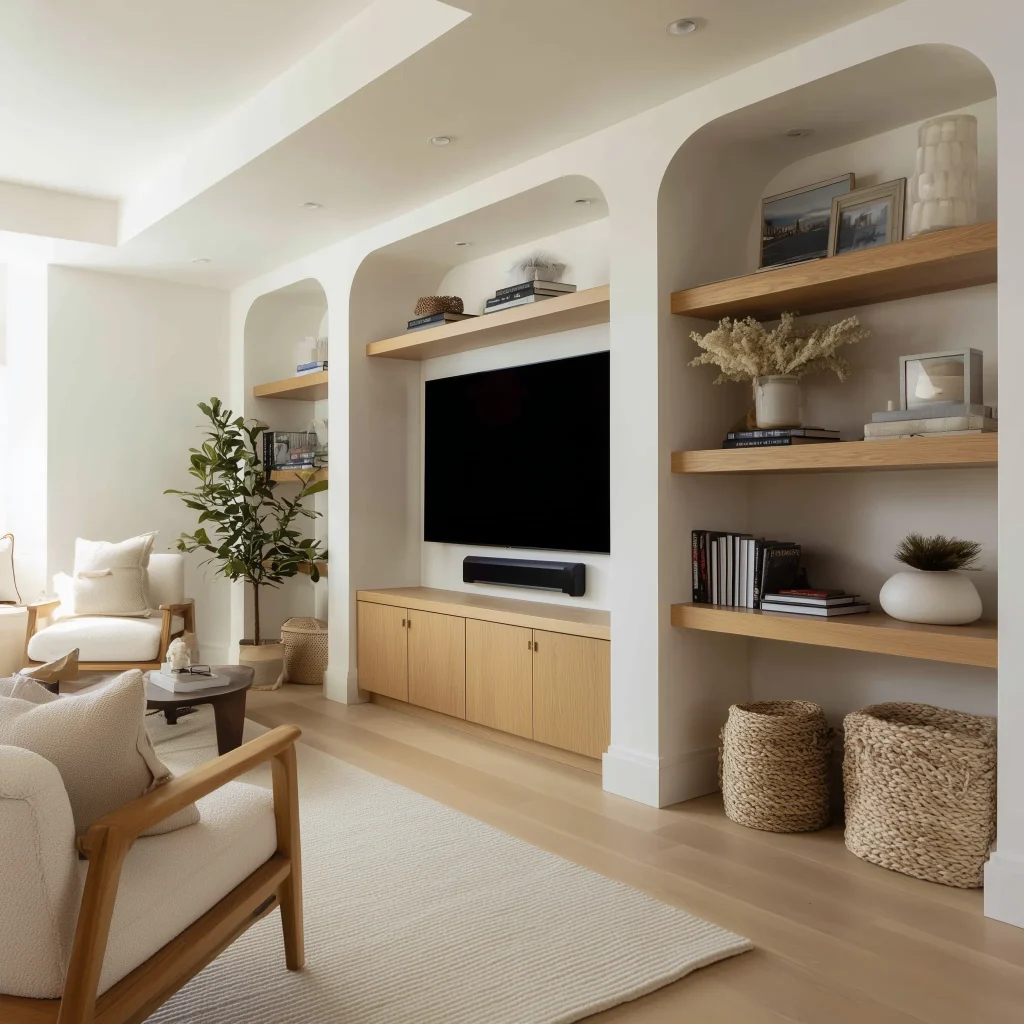 Desain ruang TV Mediterranean dengan arch niche built-in shelving kayu light oak dan basket anyaman