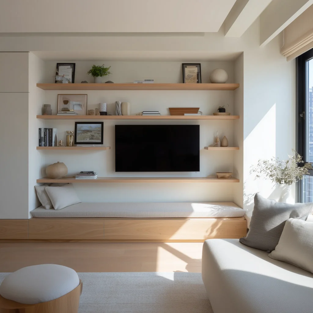 Desain ruang TV Japandi dengan built-in shelving kayu natural, long bench cushion, dan dekorasi minimal zen