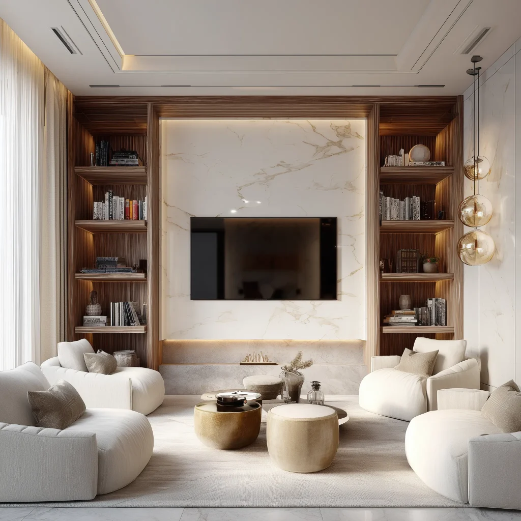 Desain ruang TV mewah dengan built-in bookcase kayu simetris, panel marble putih, dan sofa modular putih curved