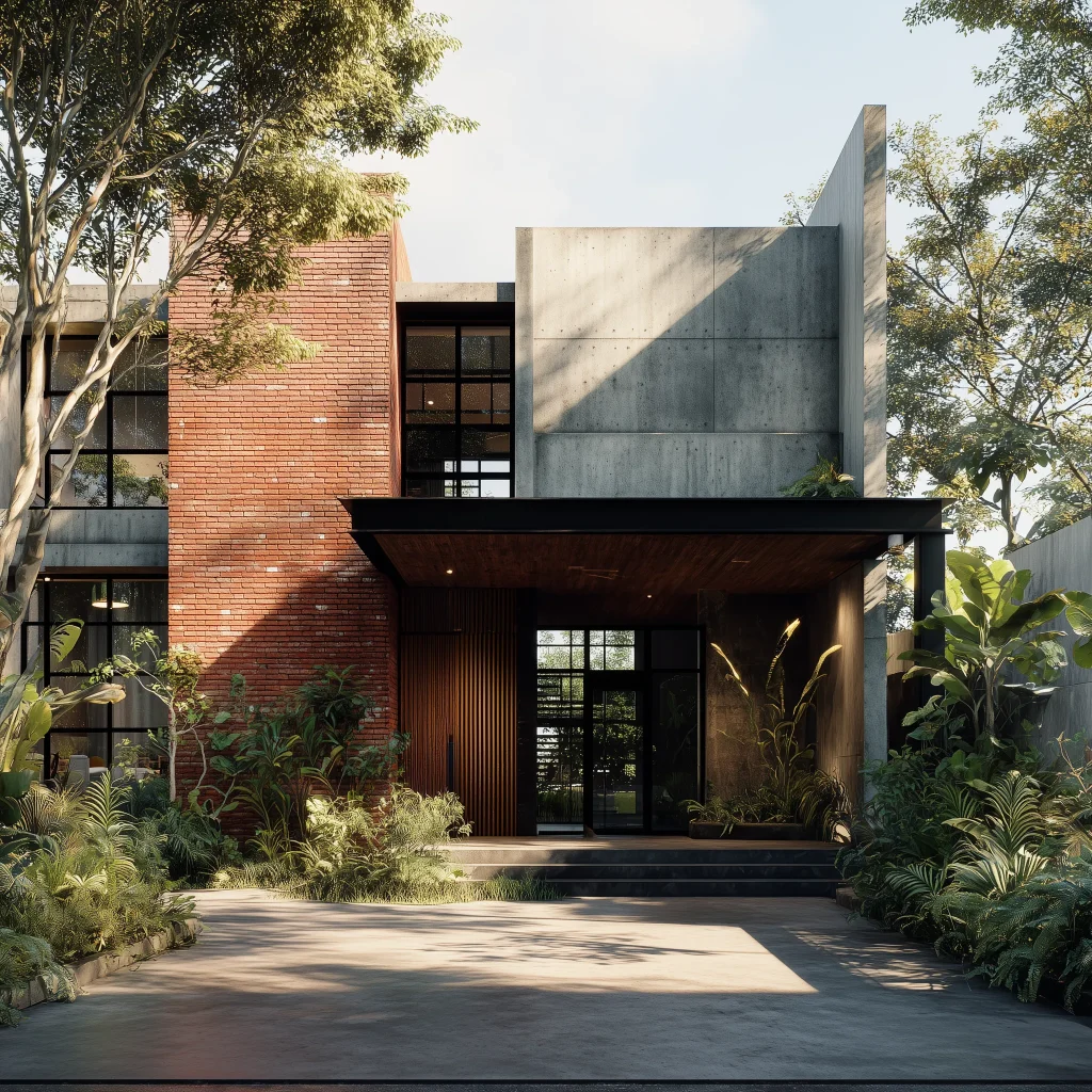 Inspirasi desain rumah industrial kontemporer dengan kombinasi bata ekspos dan beton