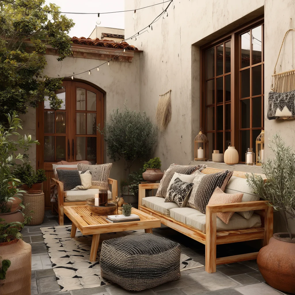 Inspirasi ruang semi outdoor rustic boho compact dengan sofa kayu, bantal tekstur beragam, string lights, lentera kayu, dan aksen tanaman zaitun