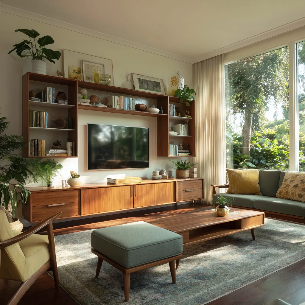 Desain ruang TV mid-century retro dengan built-in entertainment unit teak tambour door dan furnitur vintage