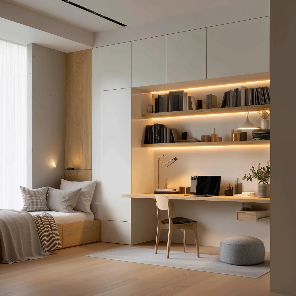 Desain kamar remaja contemporary dengan platform bed storage kayu, integrated built-in desk niche, upper cabinet putih closed, floating shelves kayu LED, dan ottoman grey
