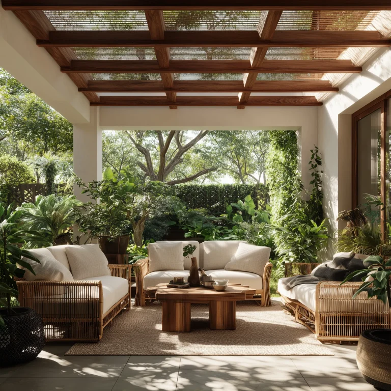 Inspirasi ruang semi outdoor bergaya tropical resort dengan furnitur rotan alami, bantal krem, pergola kayu, dan taman hijau yang asri