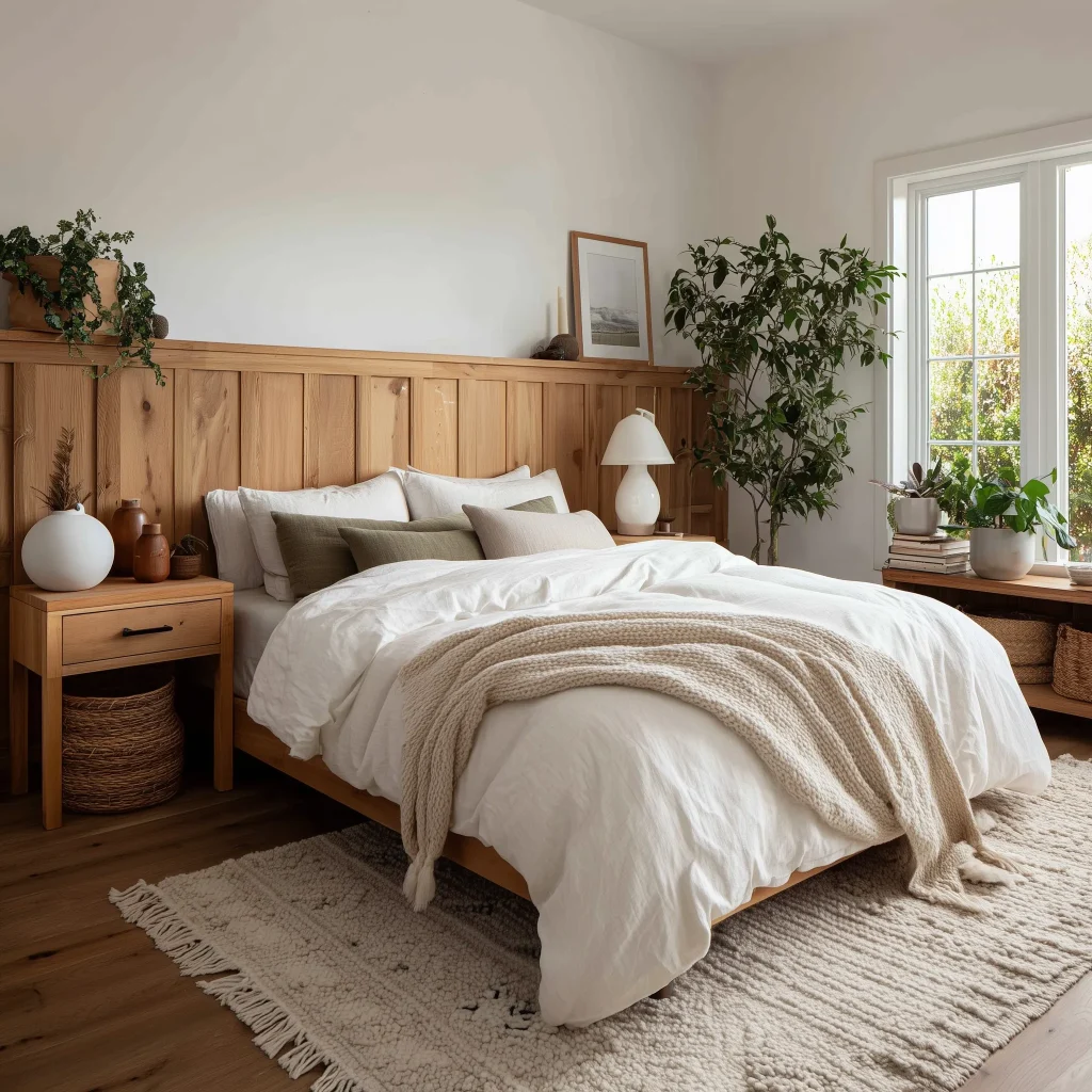 Desain kamar tidur utama rustic dengan headboard panel kayu natural vertikal, bedding putih dengan throw beige rajut, nightstand kayu dengan vas bunga, tanaman ivy gantung, dan jendela dengan cahaya alami