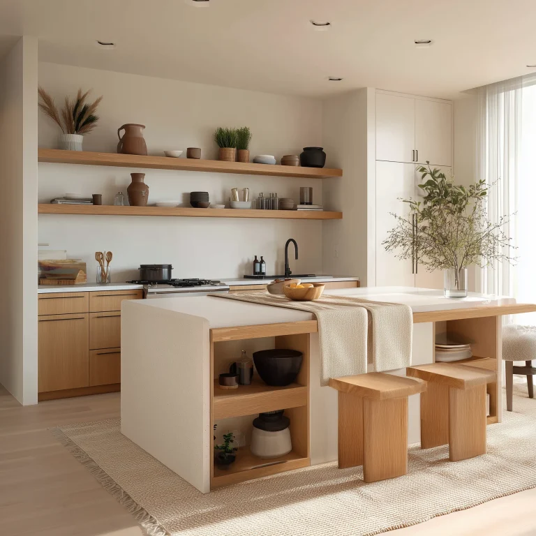 Dapur modern dengan island table marmer yang menyatu dengan meja kayu