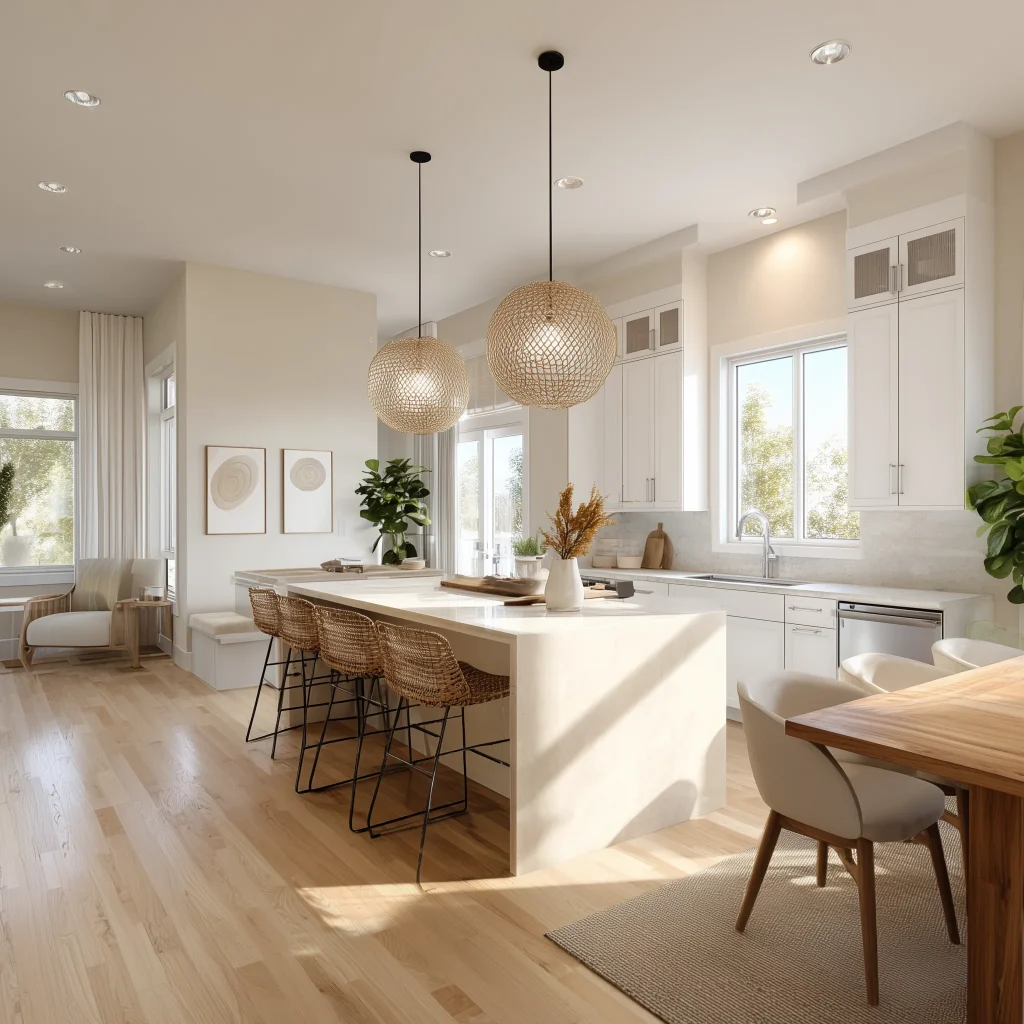 Inspirasi dapur modern mewah dengan island table dan pencahayaan tersembunyi
