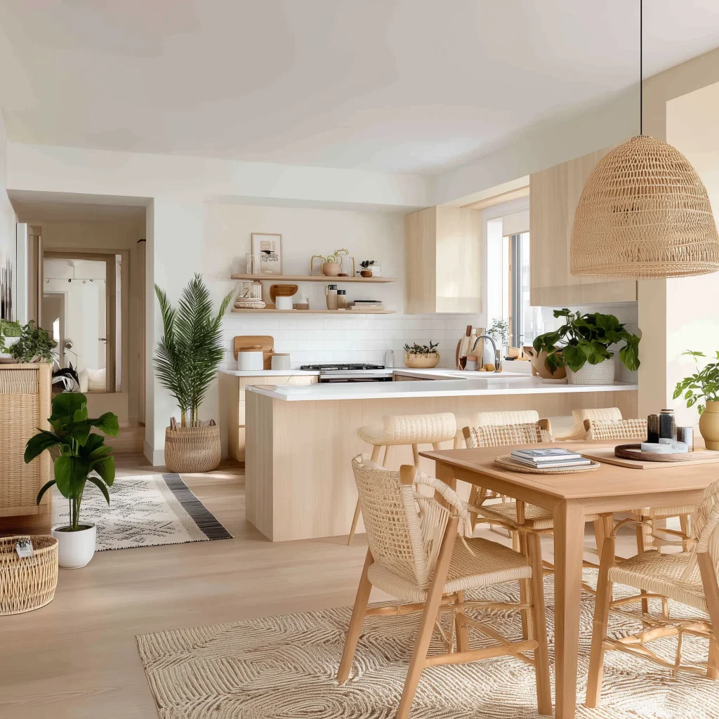 Desain dapur modern dengan island table marmer dan aksen kayu