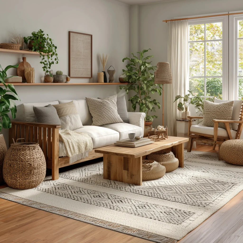 Konsep desain ruang tamu rustic natural dengan karpet tenun etnik dan furnitur kayu