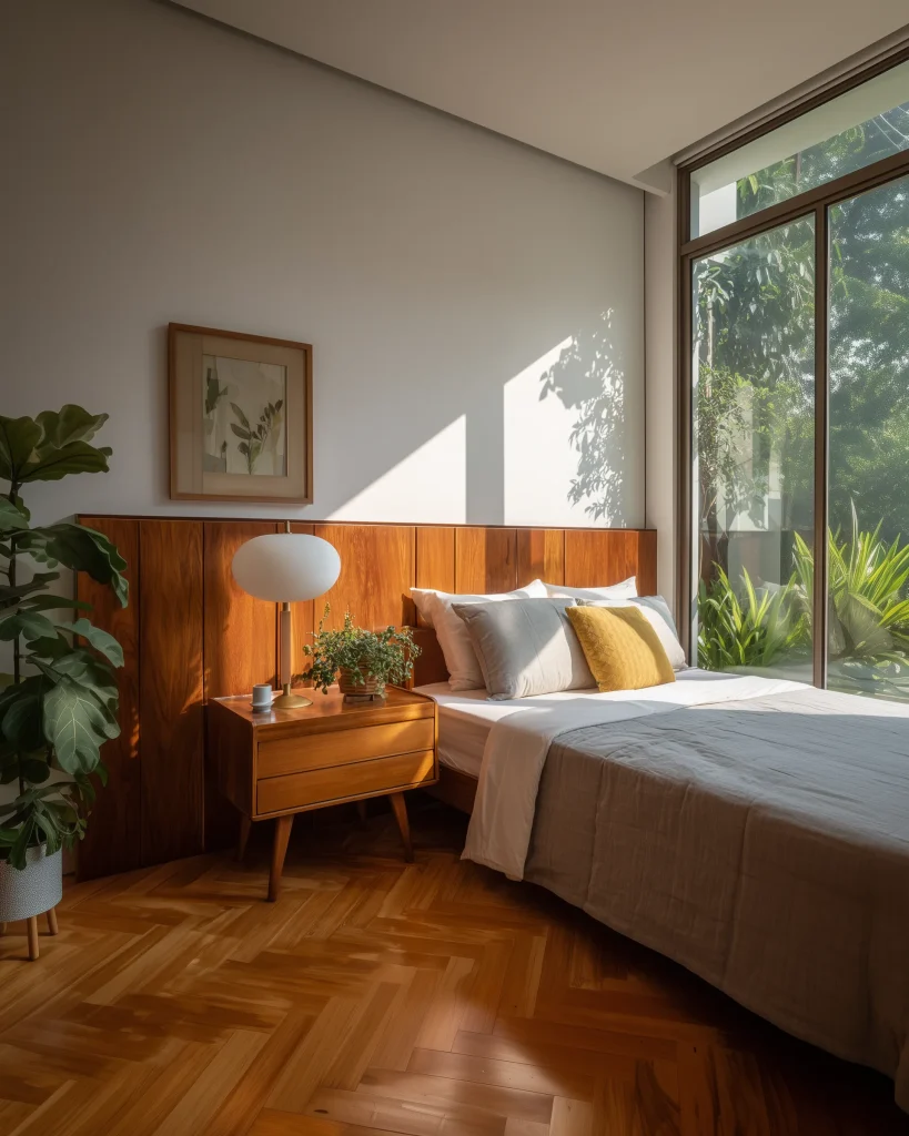Desain kamar tidur Mid-Century Modern dengan headboard kayu