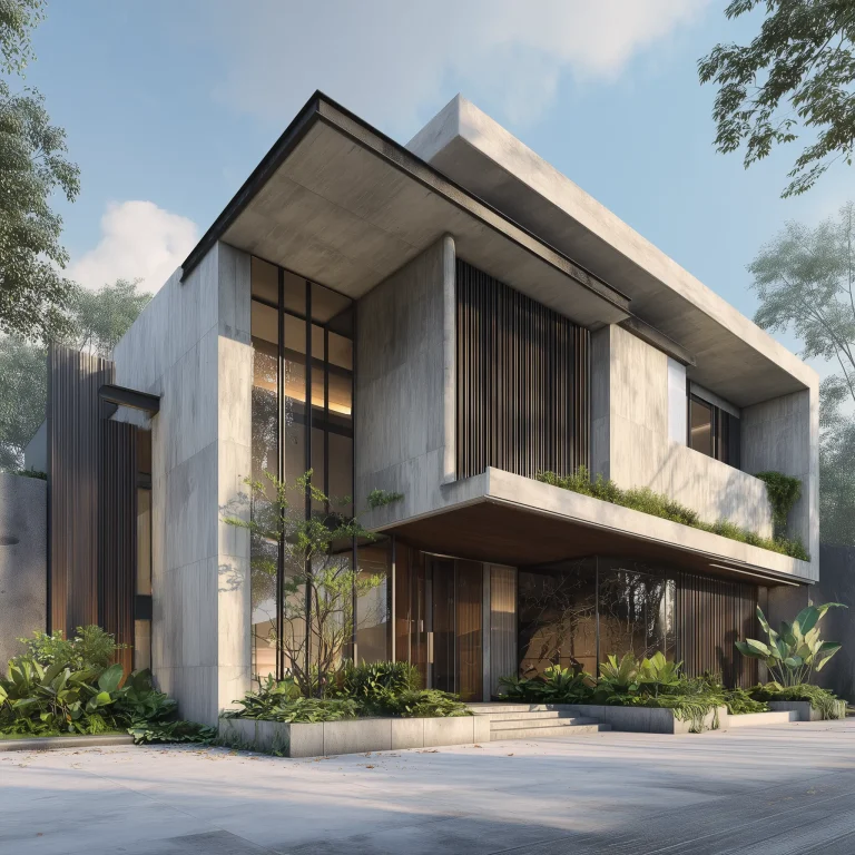 Arsitektur desain rumah modern ikonik dengan gaya brutalis, menggunakan dinding beton, jendela kaca floor-to-ceiling, dan garis bangunan geometris tegas.